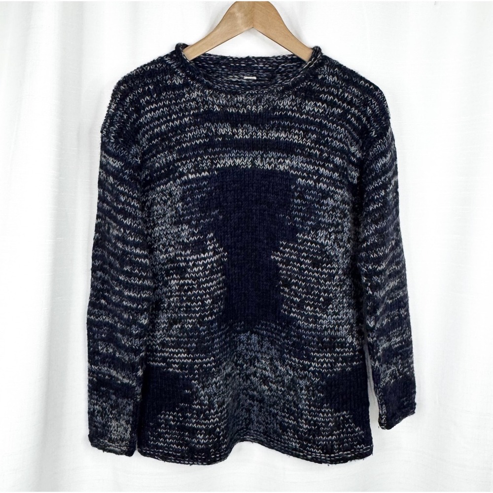 Vintage Nepal 100% Wool Sweater Hand Knit Med Chunky Oversized Blue Pullover